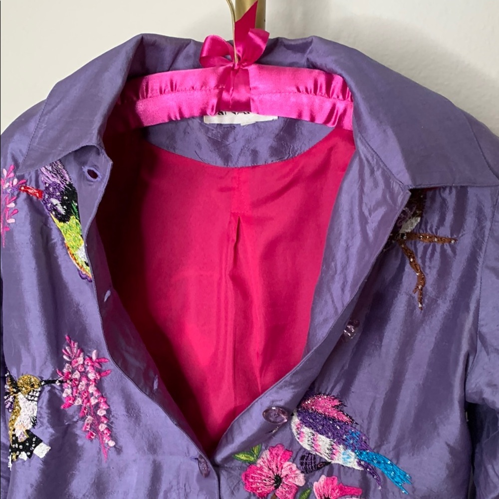 Vintage Anage Silk Purple Embroidered Hummingbird Fully Lined Bird Jacket Size M - Picture 6 of 9